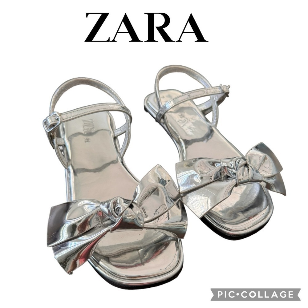 Zara kids girls mirrored bow sandals shiny silver size 32 or US 1